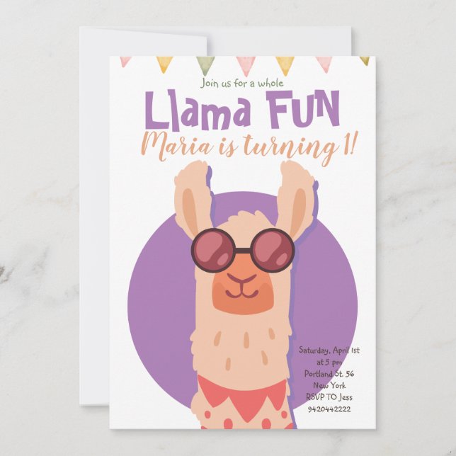 Invitación Cute Alpaca Llama Fun Kids Cumpleaños (Anverso)