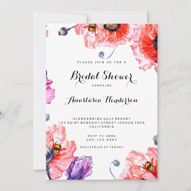 Invitación Cute amapola Flores Ducha de novia. (Anverso)