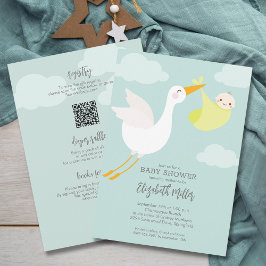 Invitación Cute amarillo cigüeña Baby Shower todo en uno