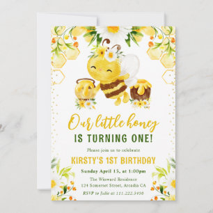 Invitación Cute Amarillo Floral Abeja primer cumpleaños