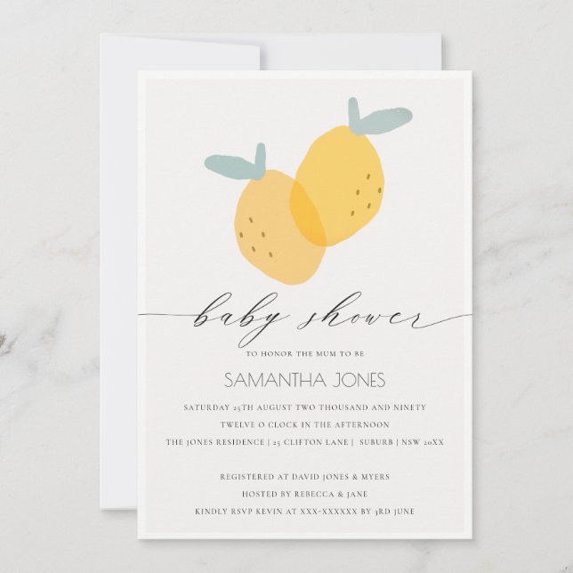 Invitación Cute amarillo limón Fruity Citrus Baby Shower (Anverso)
