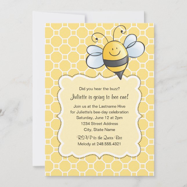 Invitación Cute amarillo negro Bumblebee primer cumpleaños (Anverso)