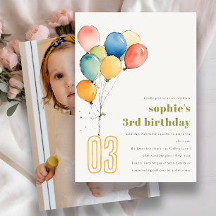 Invitación Cute amarillo Rojo Globos Verdes Niños Foto Cumple