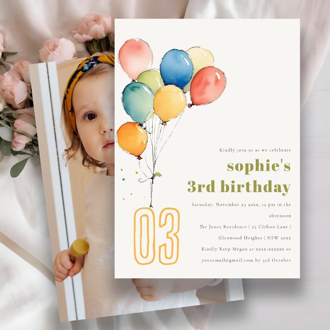Invitación Cute amarillo Rojo Globos Verdes Niños Foto Cumple (Subido por el creador)