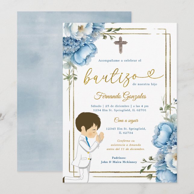 Invitación Cute Angel Boy Spanish Bautizo Dusty Blue Gold (Anverso / Reverso)