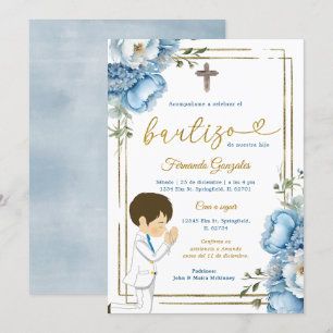 Invitación Cute Angel Boy Spanish Bautizo Dusty Blue Gold