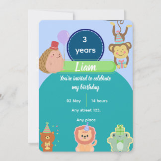 Invitación Cute Animal 3rd Birthday for Boys Editable
