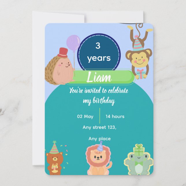 Invitación Cute Animal 3rd Birthday for Boys Editable (Anverso)