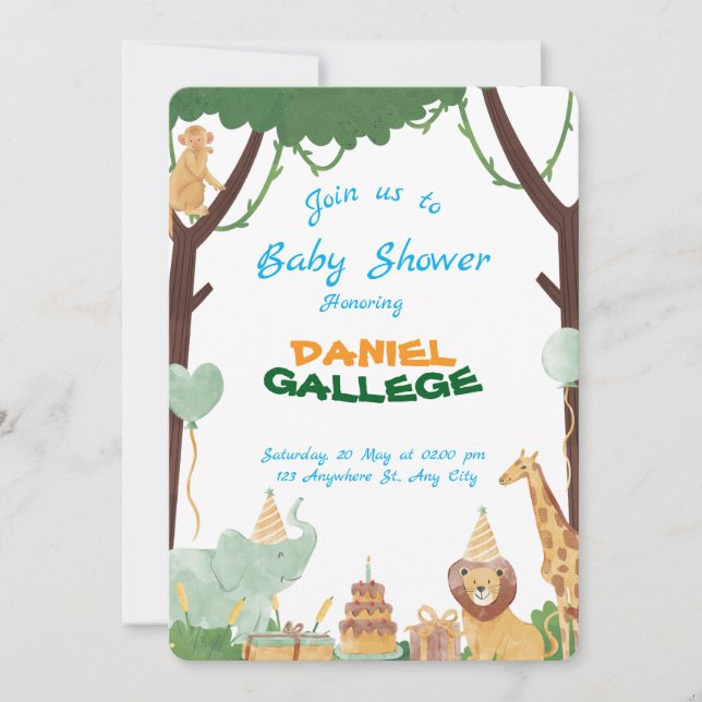 Invitación Cute Animal Baby Shower Invitation – Jungle & Safa (Anverso)