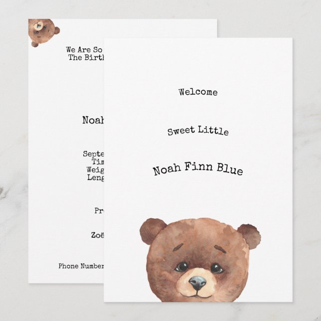 Invitación Cute Animal Brown Bear Sweet Baby Announcement (Anverso / Reverso)