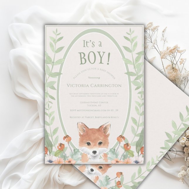 Invitación Cute Animal Fox Watercolor Greenery Baby (Subido por el creador)