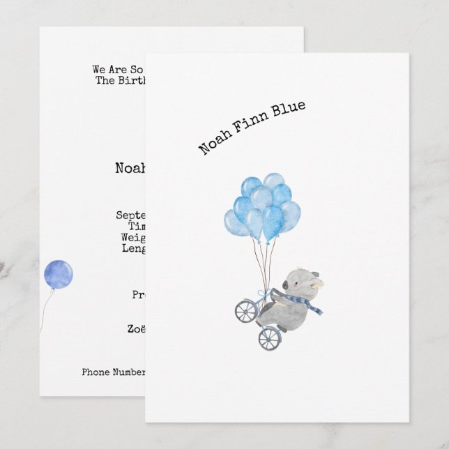Invitación Cute Animal on A Bike With Blue Balloons  (Anverso / Reverso)