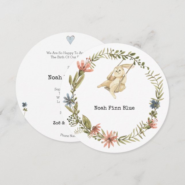Invitación Cute Animal Rabbit Baby Boy Announcement Card (Anverso / Reverso)