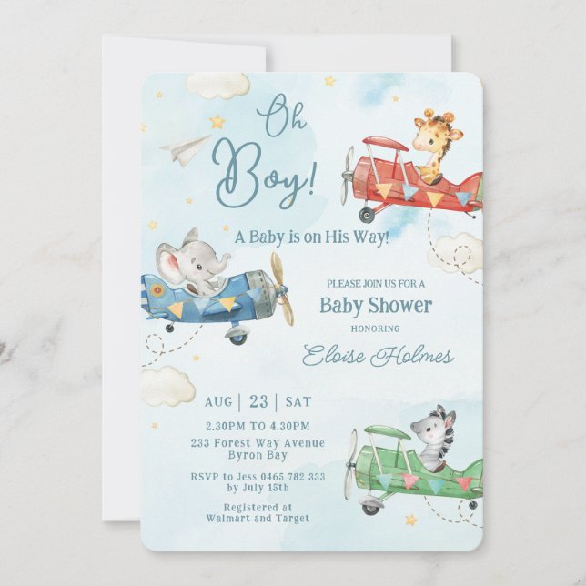 Invitación Cute Animales Avión Aventura Oh Boy Baby Shower (Anverso)