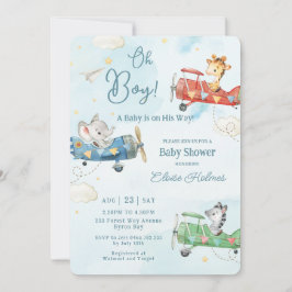 Invitación Cute Animales Avión Aventura Oh Boy Baby Shower