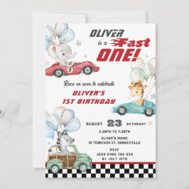 Invitación Cute Animales Carros de Carrera Primer Cumpleaños