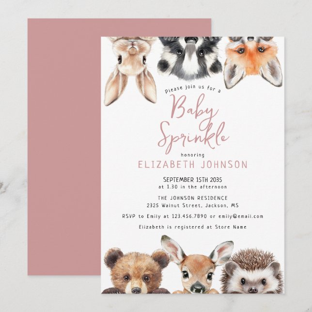 Invitación Cute animales de bosque rosado para baby shower (Anverso / Reverso)