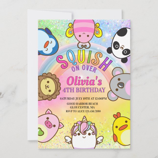 Invitación  Cute animals Squish Girl Birthday party (Anverso)