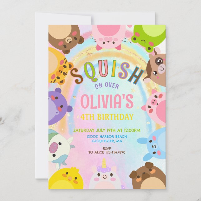 Invitación Cute Animals Squish On Over rainbow  Birthday  (Anverso)