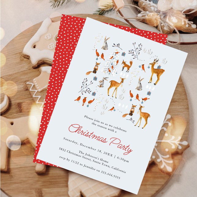 Invitación Cute Animals Winter Woodland Christmas Party (Cute Animals Winter Woodland Christmas Party Invitation)