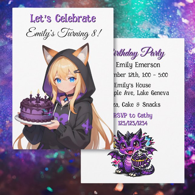 Invitación Cute Anime Girl and Dragon Girl's Birthday Party (Subido por el creador)