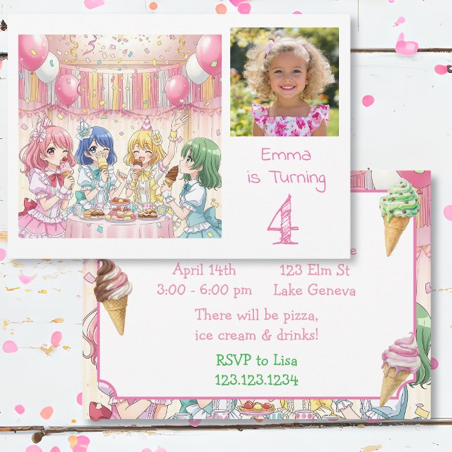 Invitación Cute Anime Girl's Ice Cream Birthday Party Photo (Subido por el creador)