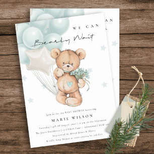 Invitación Cute Aqua Blue Bearly Wait Balloon Baby Shower