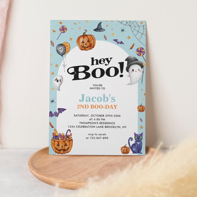 Invitación Cute Arch Azul Hey Boo Niños Halloween Cumpleaños (Subido por el creador)