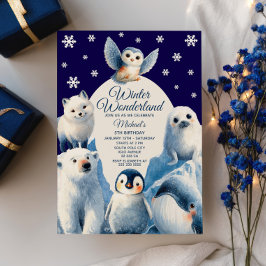 Invitación Cute Arctic Animals Blue Winter Kids Cumpleaños