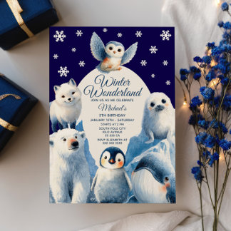 Invitación Cute Arctic Animals Blue Winter Kids Cumpleaños