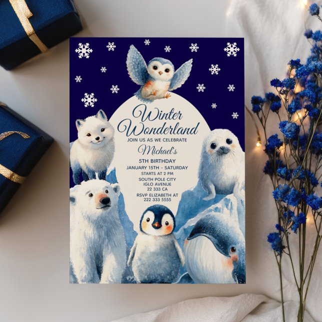 Invitación Cute Arctic Animals Blue Winter Kids Cumpleaños (Subido por el creador)