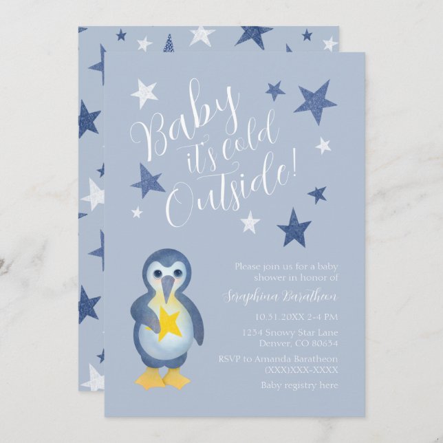 Invitación Cute Arctic Winter Penguin Baby Shower (Anverso / Reverso)