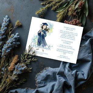 Invitación Cute Artistic Blue Girl Graduation Watercolor