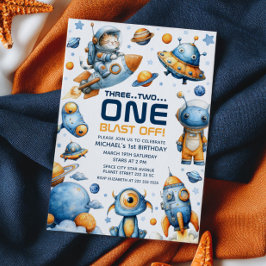Invitación Cute Astronaut Cat Blast Off Space 1st Birthday