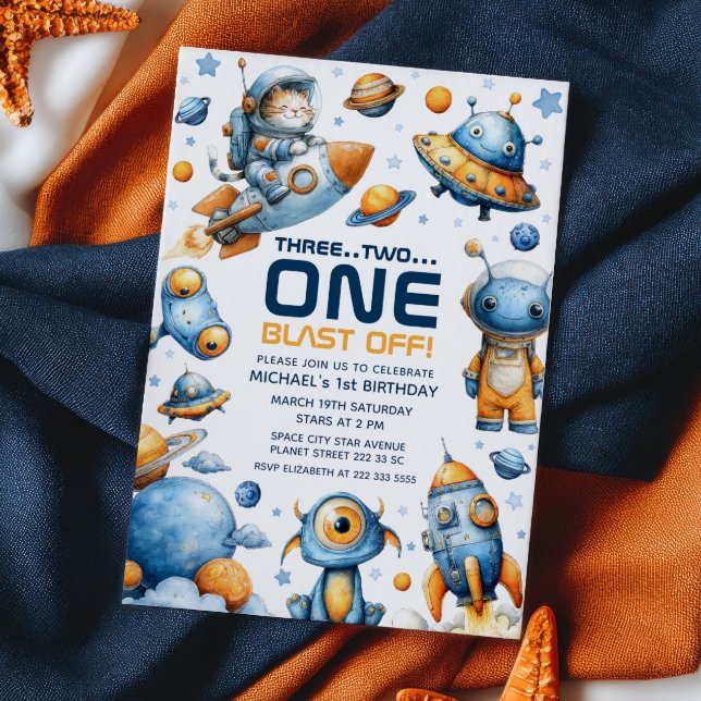 Invitación Cute Astronaut Cat Blast Off Space 1st Birthday (Subido por el creador)