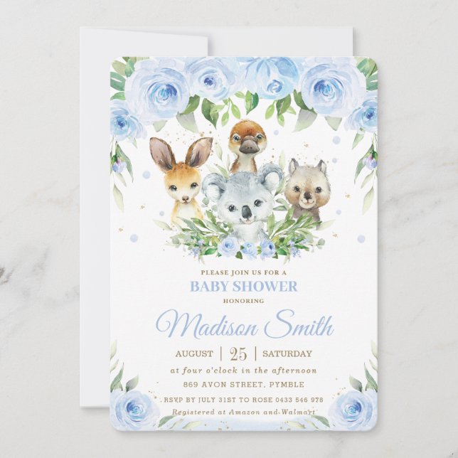 Invitación Cute Australia Animals Blue Floral Baby Shower (Anverso)