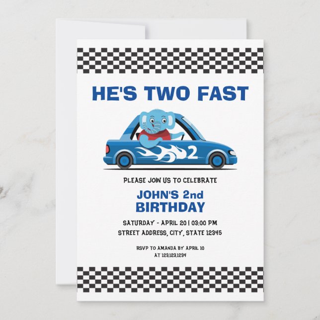 Invitación Cute auto de carreras blanco y azul dos cumpleaños (Anverso)