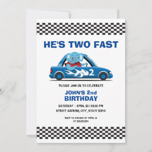 Invitación Cute auto de carreras blanco y azul dos cumpleaños