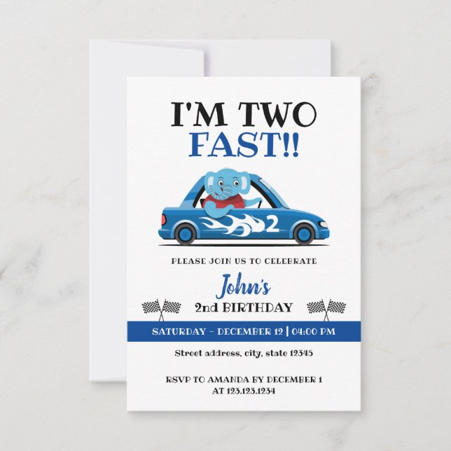 Invitación Cute auto de raza blanca y azul dos veloces cumple (Anverso)