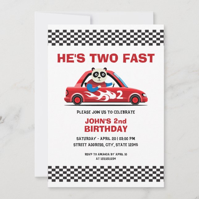 Invitación Cute auto de raza blanca y roja dos veloces cumple (Anverso)