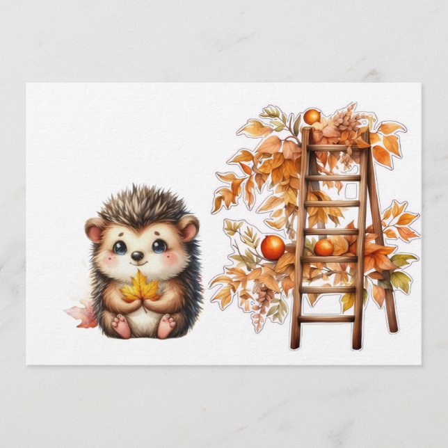 Invitación Cute Autumn Hedgehog with Harvest Ladder Illustrat (Anverso)