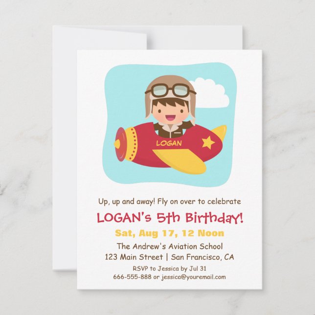 Invitación Cute Aviator Boy Airplane Fiesta de cumpleaños (Anverso)