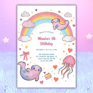 Invitación Cute Axolotl Niños arcoiris Fiesta de cumpleaños