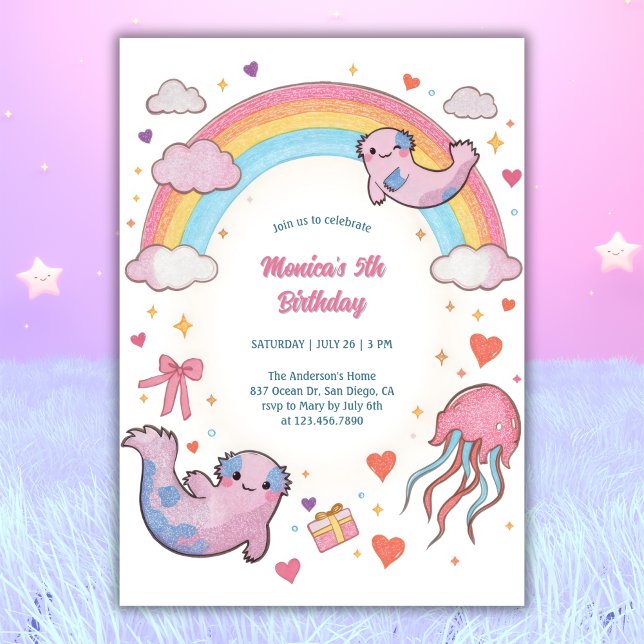 Invitación Cute Axolotl Niños arcoiris Fiesta de cumpleaños (Cute Axolotl Rainbow Birthday Invitation – Under the Sea Birthday Invite)