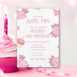 Invitación Cute Axolotl Niños Pink Alotl Diversión Cumpleaños