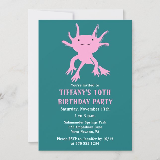 Invitación Cute Axolotl Pink Salamander Birthday Party (Anverso)