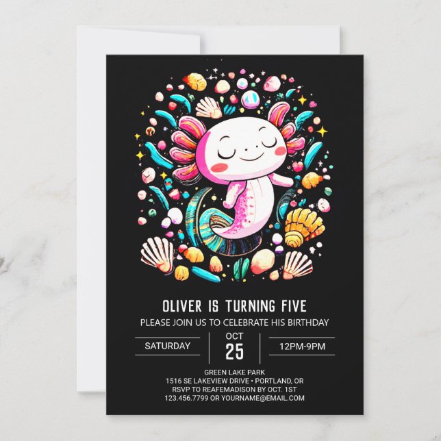 Invitación Cute Axolotl Watercolor Birthday (Anverso)