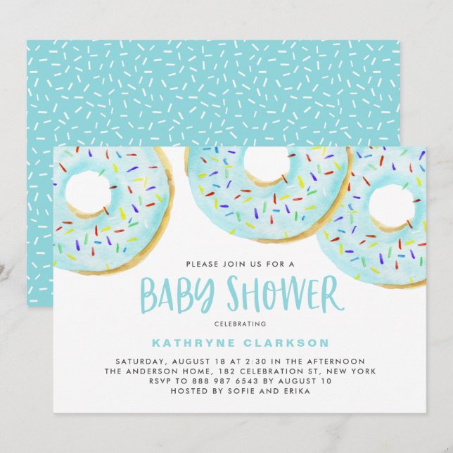 Invitación Cute azul acuarela Donuts Boy Baby Shower (Anverso / Reverso)