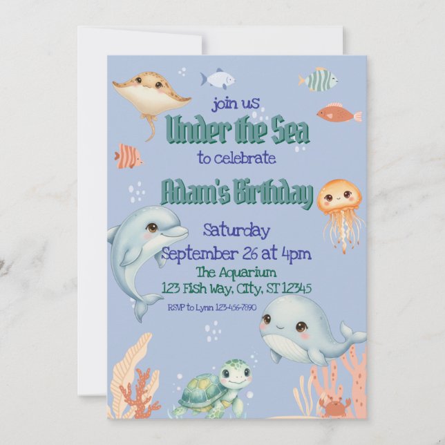 Invitación Cute, Azul, Bajo el Mar Cumpleaños (Anverso)