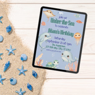 Invitación Cute, Azul, Bajo el Mar Cumpleaños